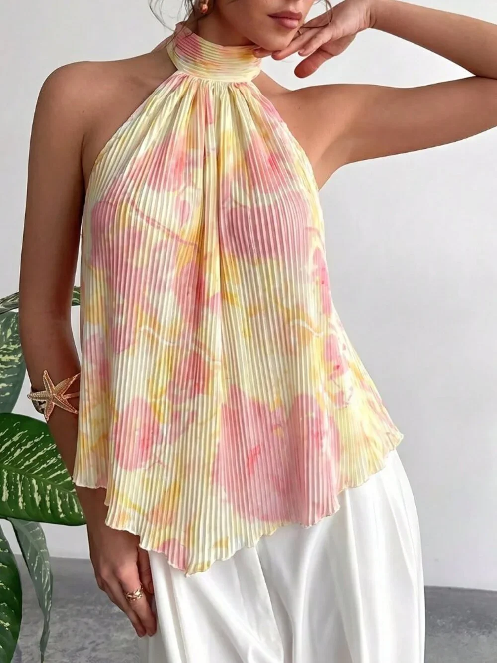 Boho Women's Floral Print Ruched Halter Neck Blouse
